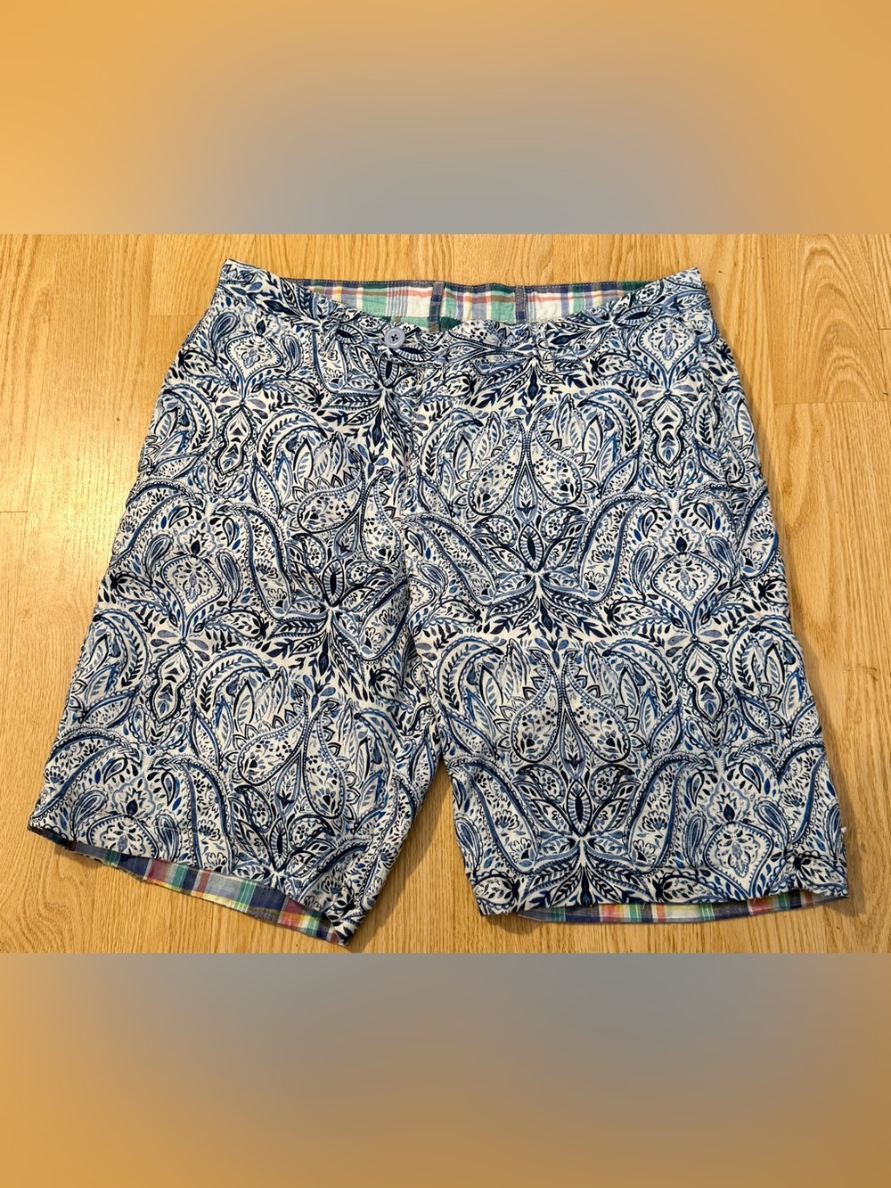 Tommy Bahama Mens Reversible Linen Blend Shorts Plaid Madras Blue Hawaiian Sz 36